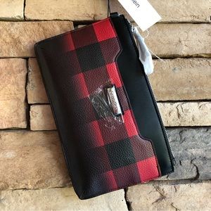 Calvin Klein red blac buffalo plaid wristlet handbag NWT